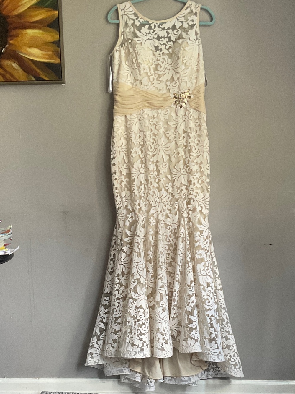 Montage by Mon Cheri Ivory Lace Maxi Dress with Champagne Sash